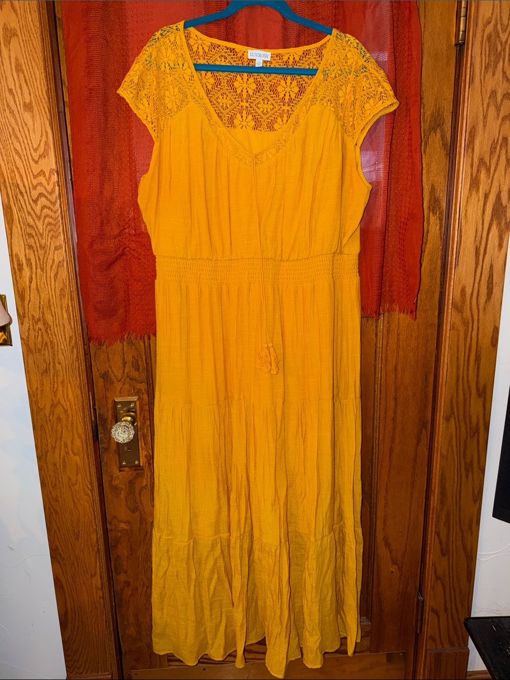 Luxology Mustard Crochet Yoke Maxi Dress